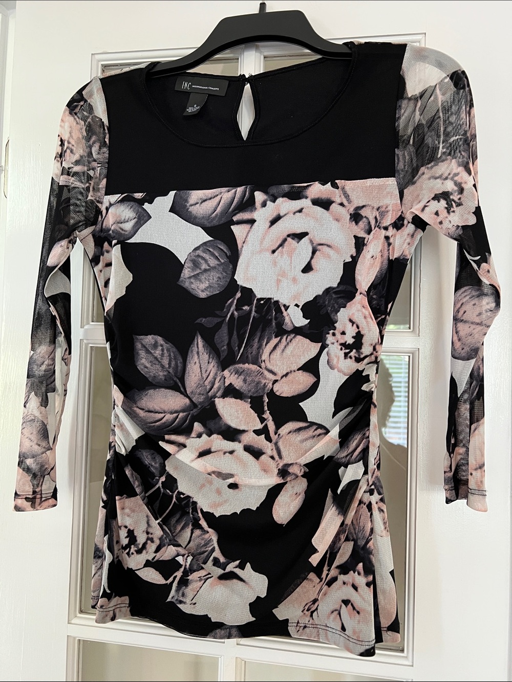 INC International Concepts Black and Blush Floral Long Sleeve Top